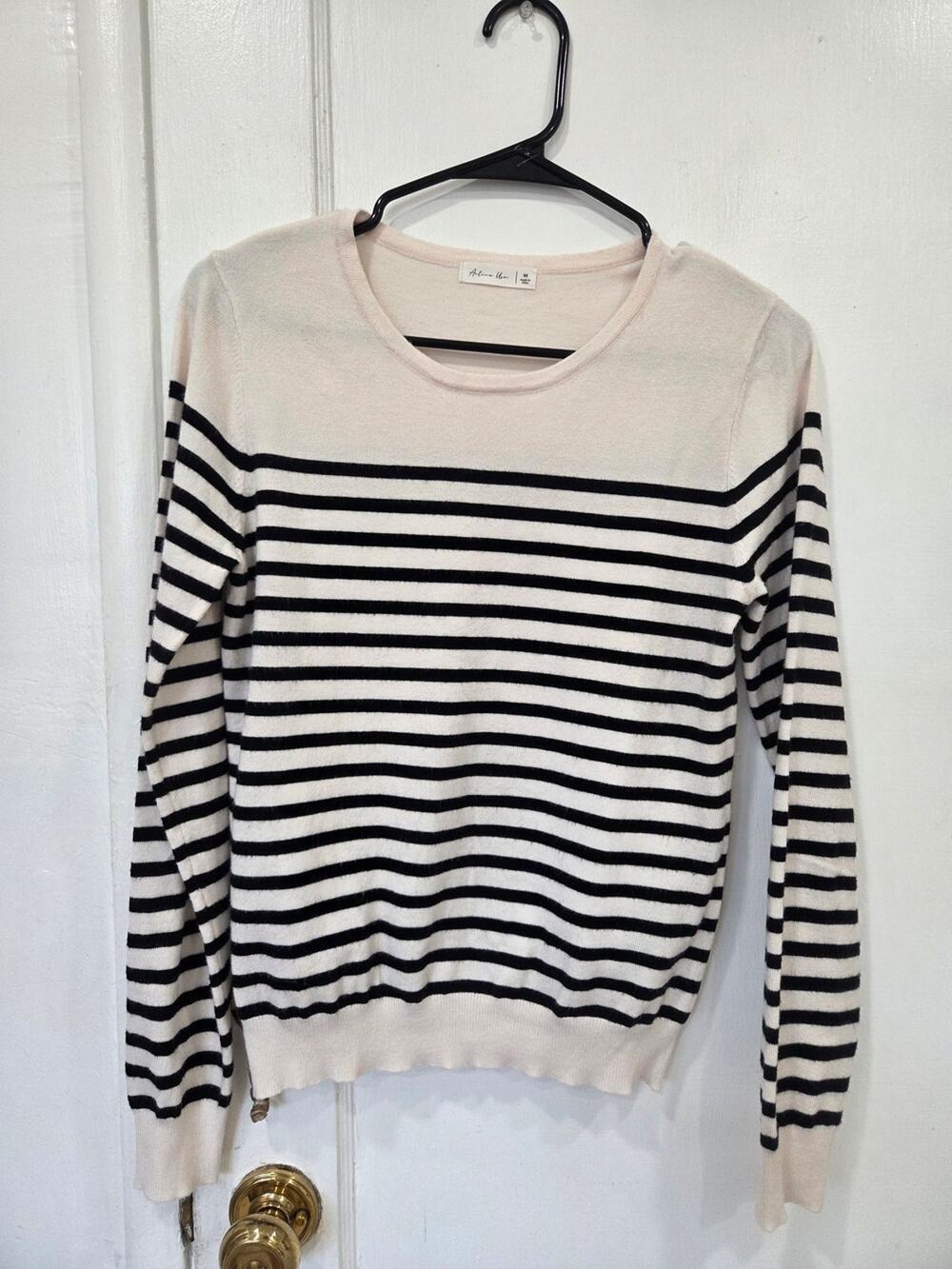 Active USA Black Cream Striped Knit Soft Sweater Top Medium